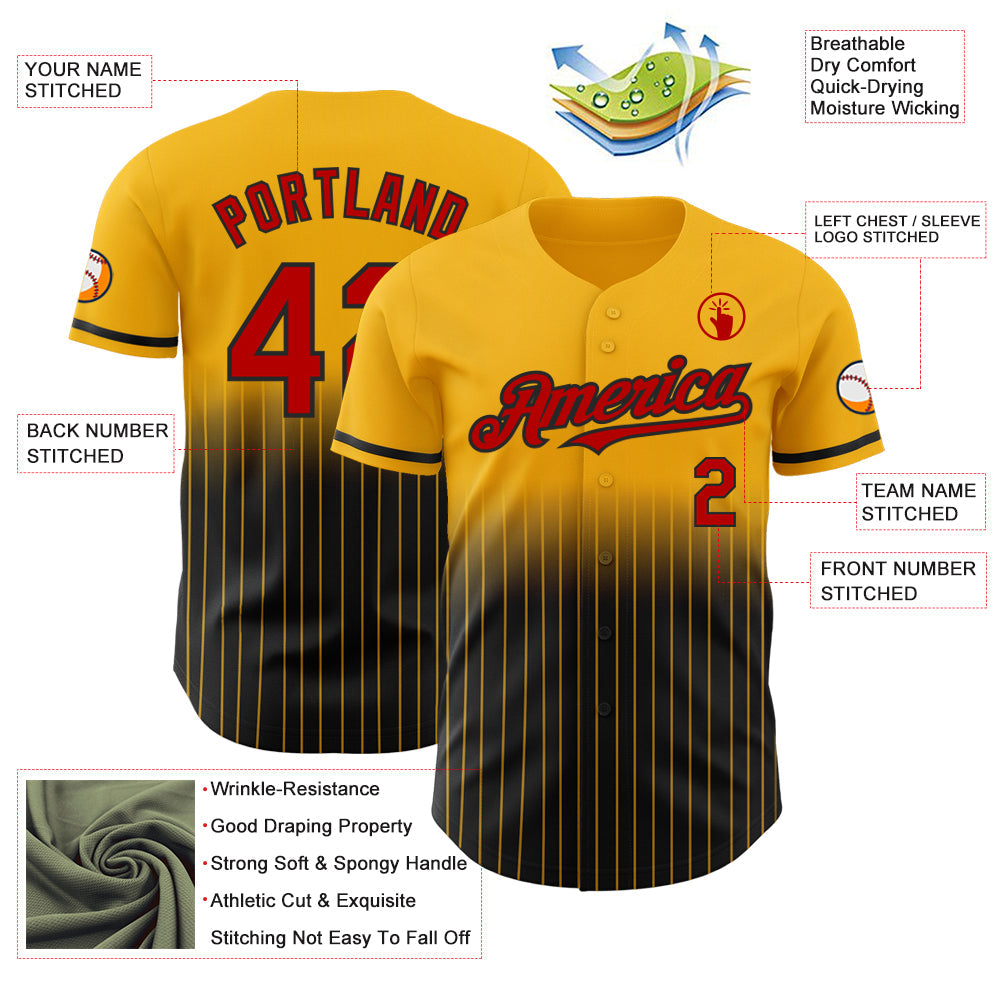 Custom Gold Pinstripe Red-Black Authentic Fade Fashion Baseball Jersey view 4