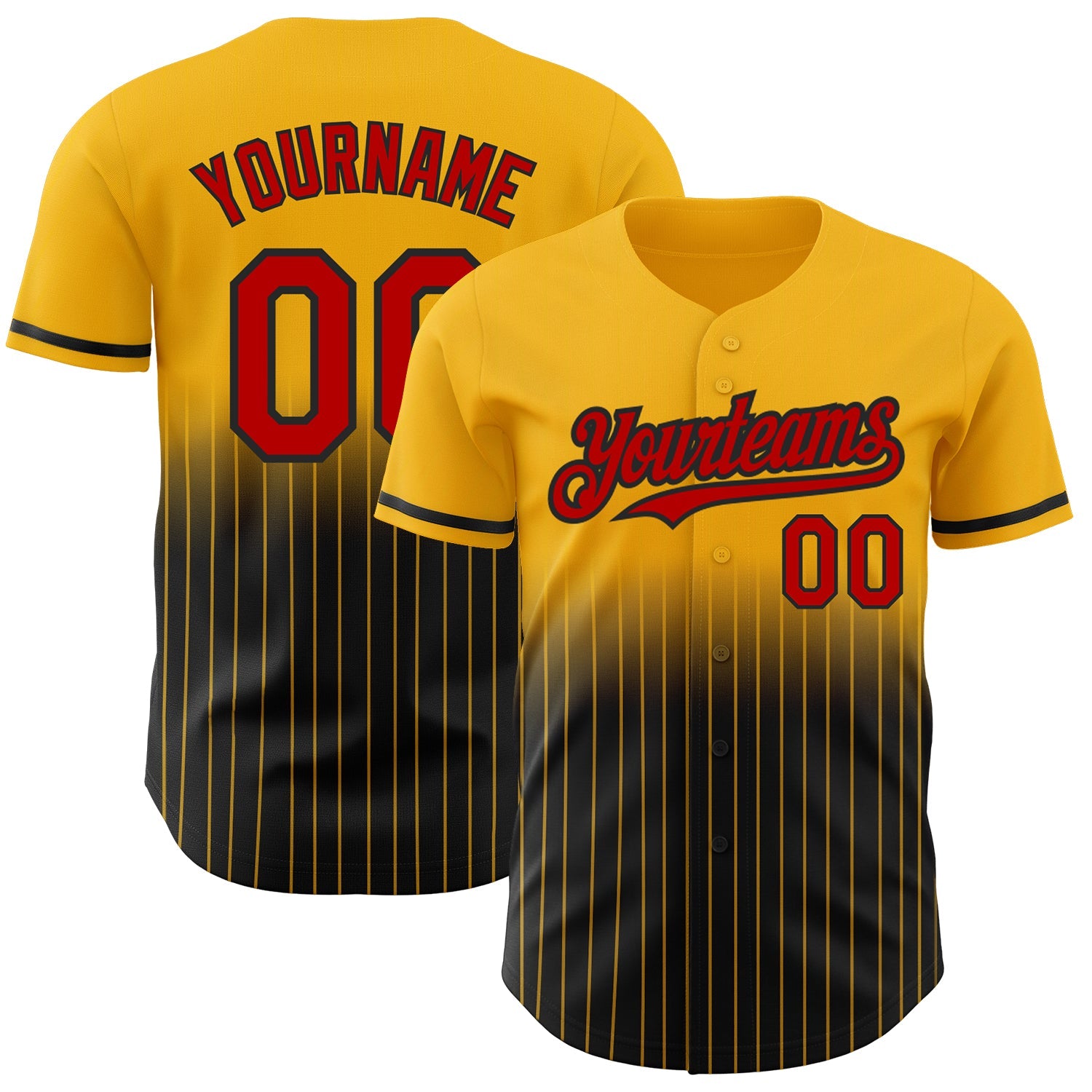 Custom Gold Pinstripe Red-Black Authentic Fade Fashion Baseball Jersey - Main View