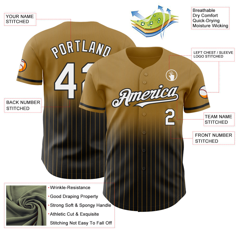 Custom Old Gold Pinstripe White-Black Authentic Fade Fashion Baseball Jersey view 4