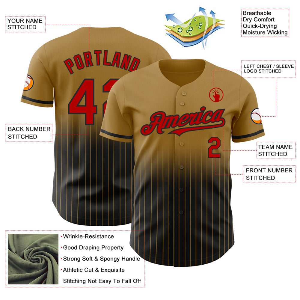 Custom Old Gold Pinstripe Red-Black Authentic Fade Fashion Baseball Jersey view 4