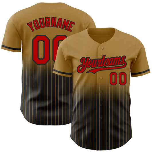 Custom Old Gold Pinstripe Red-Black Authentic Fade Fashion Baseball Jersey - Main View