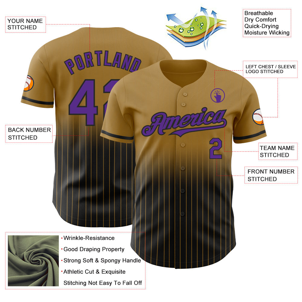 Custom Old Gold Pinstripe Purple-Black Authentic Fade Fashion Baseball Jersey view 4