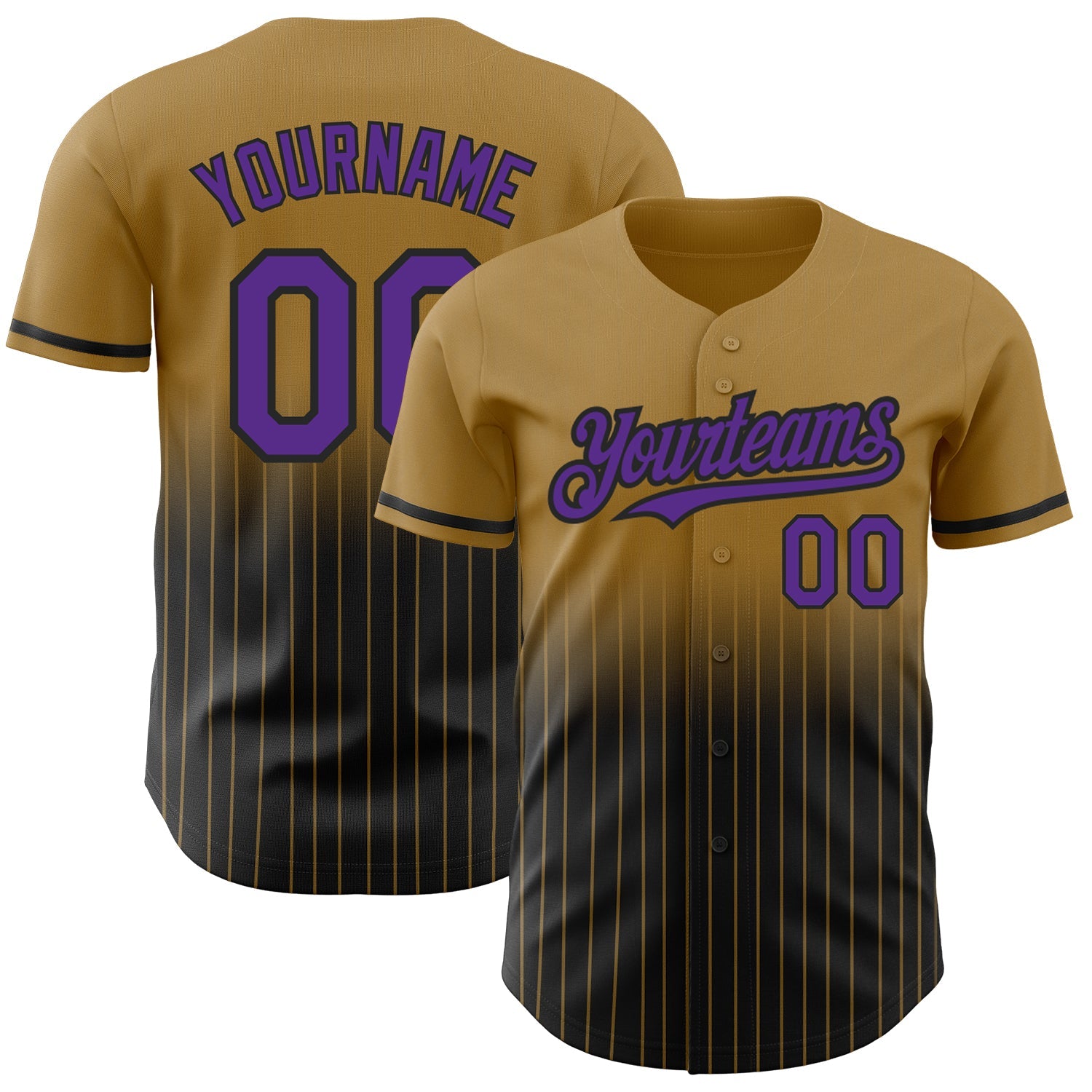 Custom Old Gold Pinstripe Purple-Black Authentic Fade Fashion Baseball Jersey - Main View