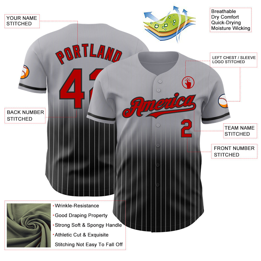 Custom Gray Pinstripe Red-Black Authentic Fade Fashion Baseball Jersey view 4