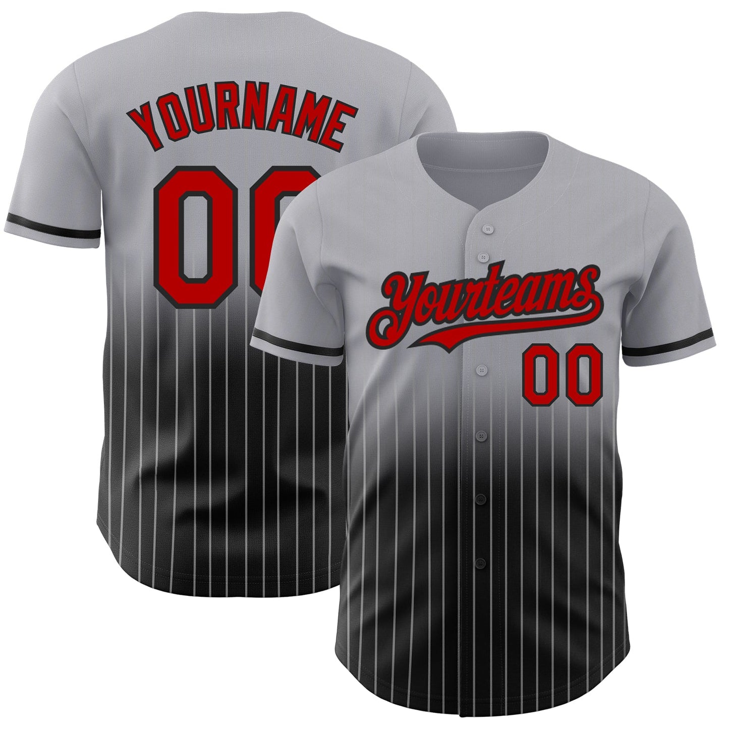 Custom Gray Pinstripe Red-Black Authentic Fade Fashion Baseball Jersey - Main View