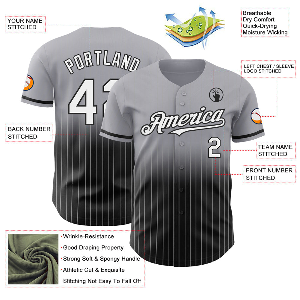 Custom Gray Pinstripe White-Black Authentic Fade Fashion Baseball Jersey view 4