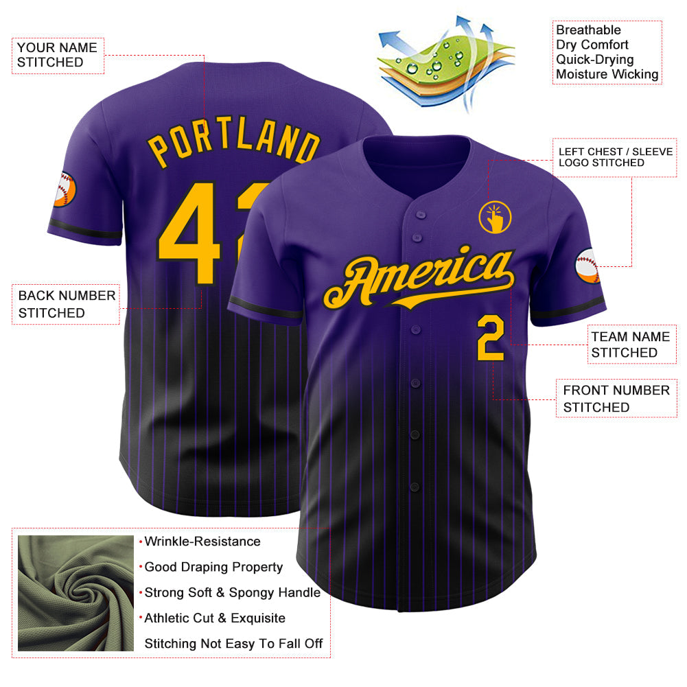 Custom Purple Pinstripe Gold-Black Authentic Fade Fashion Baseball Jersey view 4