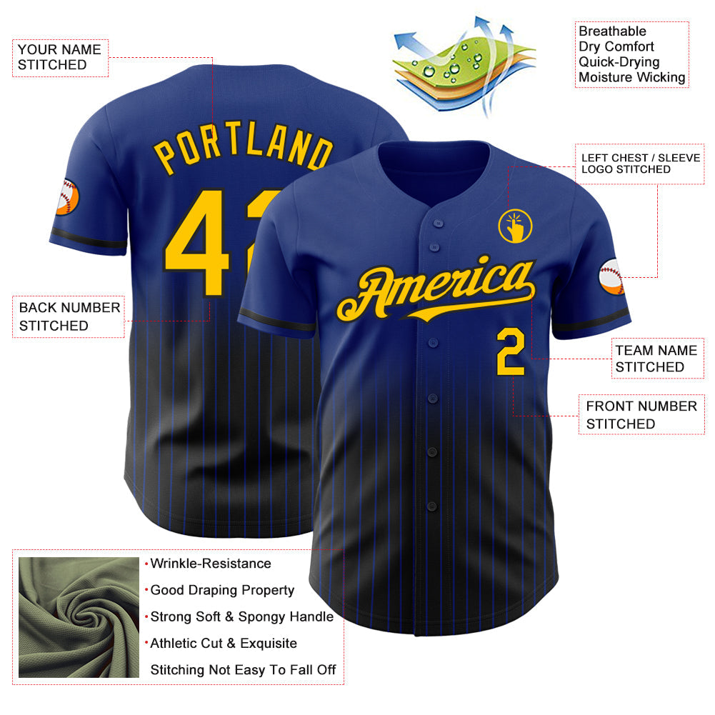Custom Royal Pinstripe Yellow-Black Authentic Fade Fashion Baseball Jersey view 4
