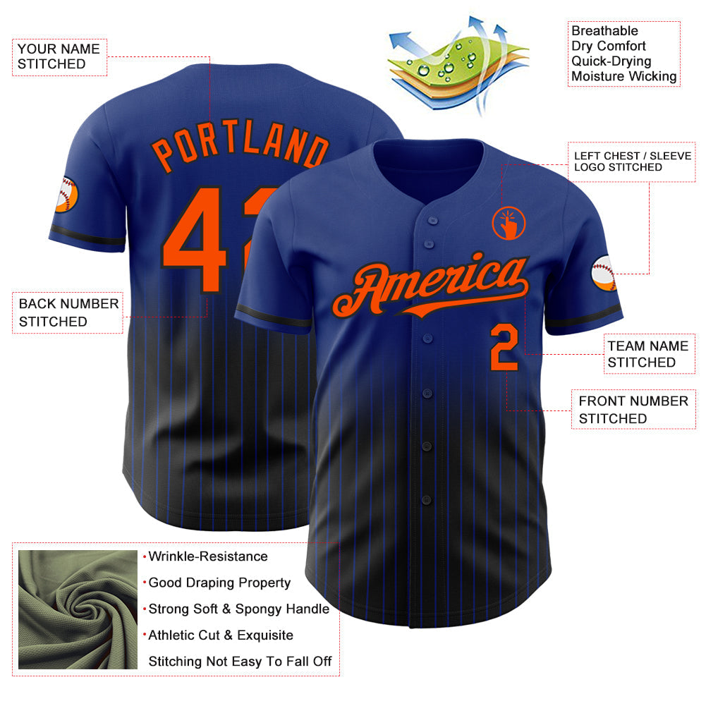 Custom Royal Pinstripe Orange-Black Authentic Fade Fashion Baseball Jersey view 4