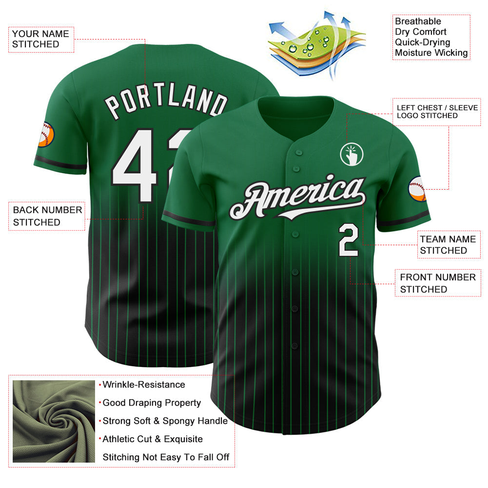 Custom Kelly Green Pinstripe White-Black Authentic Fade Fashion Baseball Jersey view 4