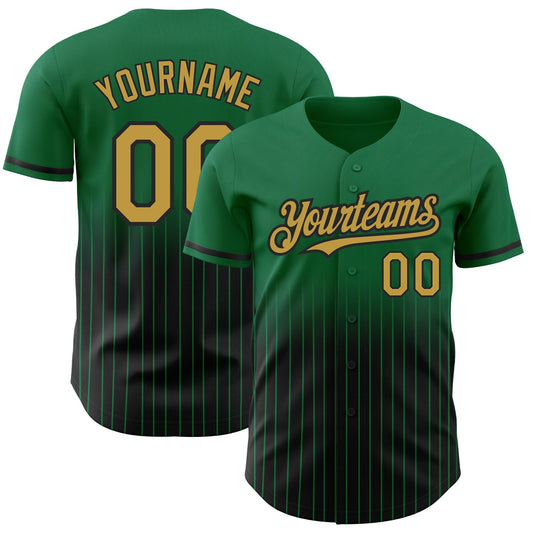 Custom Kelly Green Pinstripe Old Gold-Black Authentic Fade Fashion Baseball Jersey - Main View