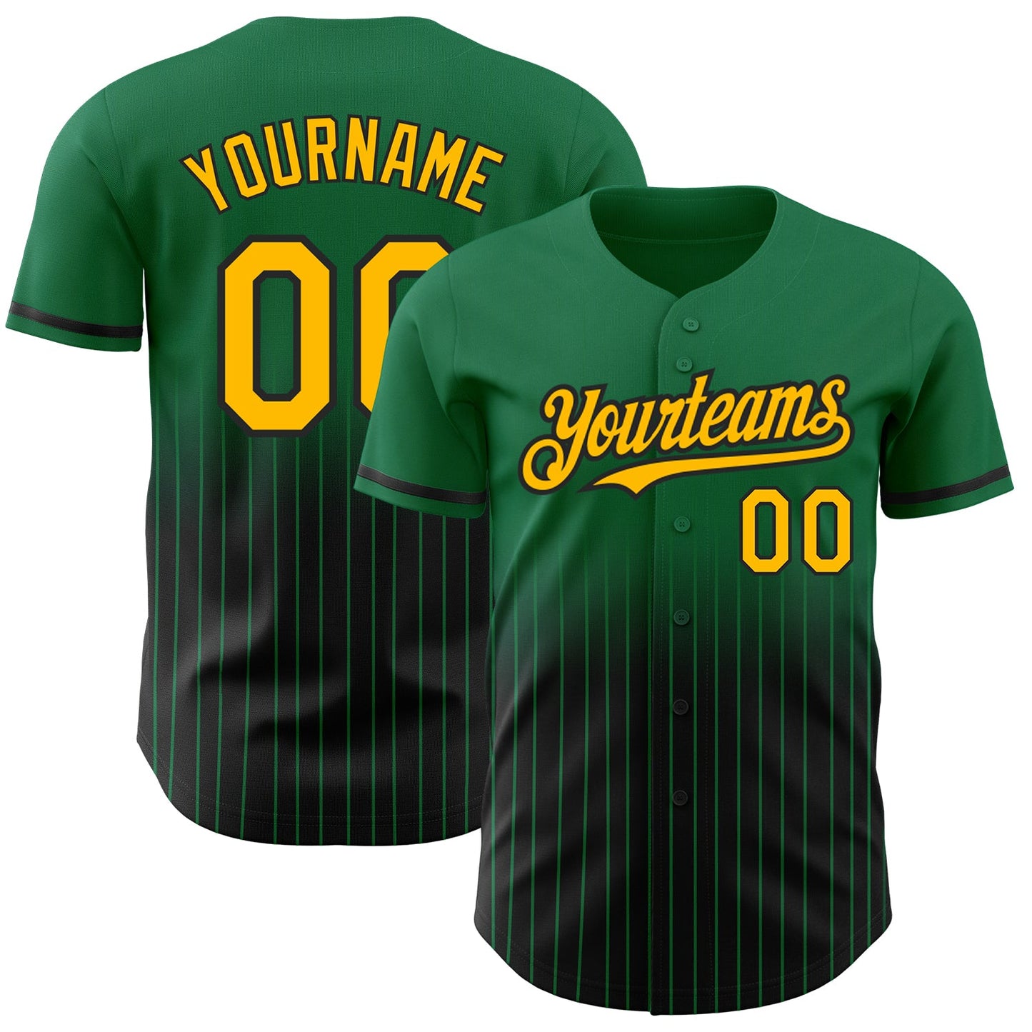 Custom Kelly Green Pinstripe Gold-Black Authentic Fade Fashion Baseball Jersey - Main View