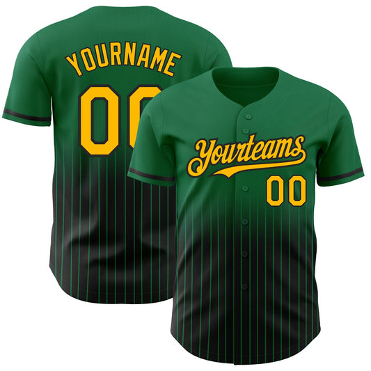 Custom Kelly Green Pinstripe Gold-Black Authentic Fade Fashion Baseball Jersey - Main View