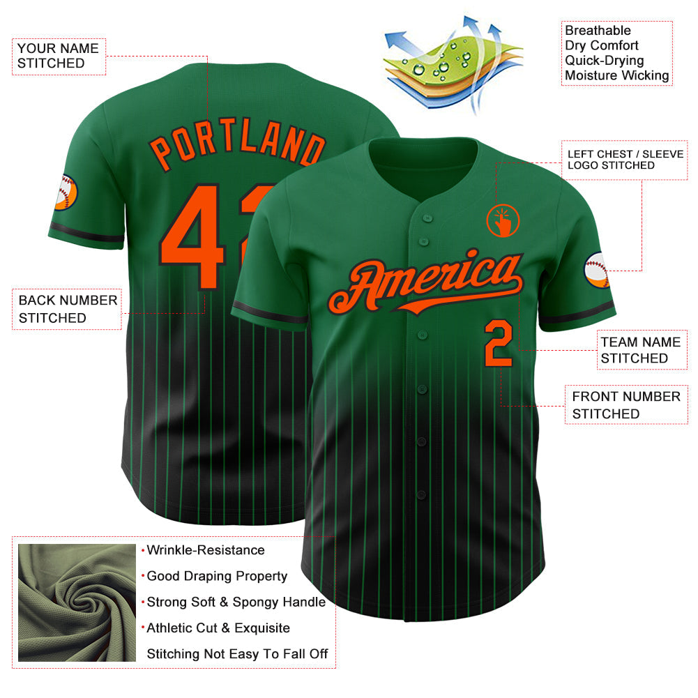 Custom Kelly Green Pinstripe Orange-Black Authentic Fade Fashion Baseball Jersey view 4