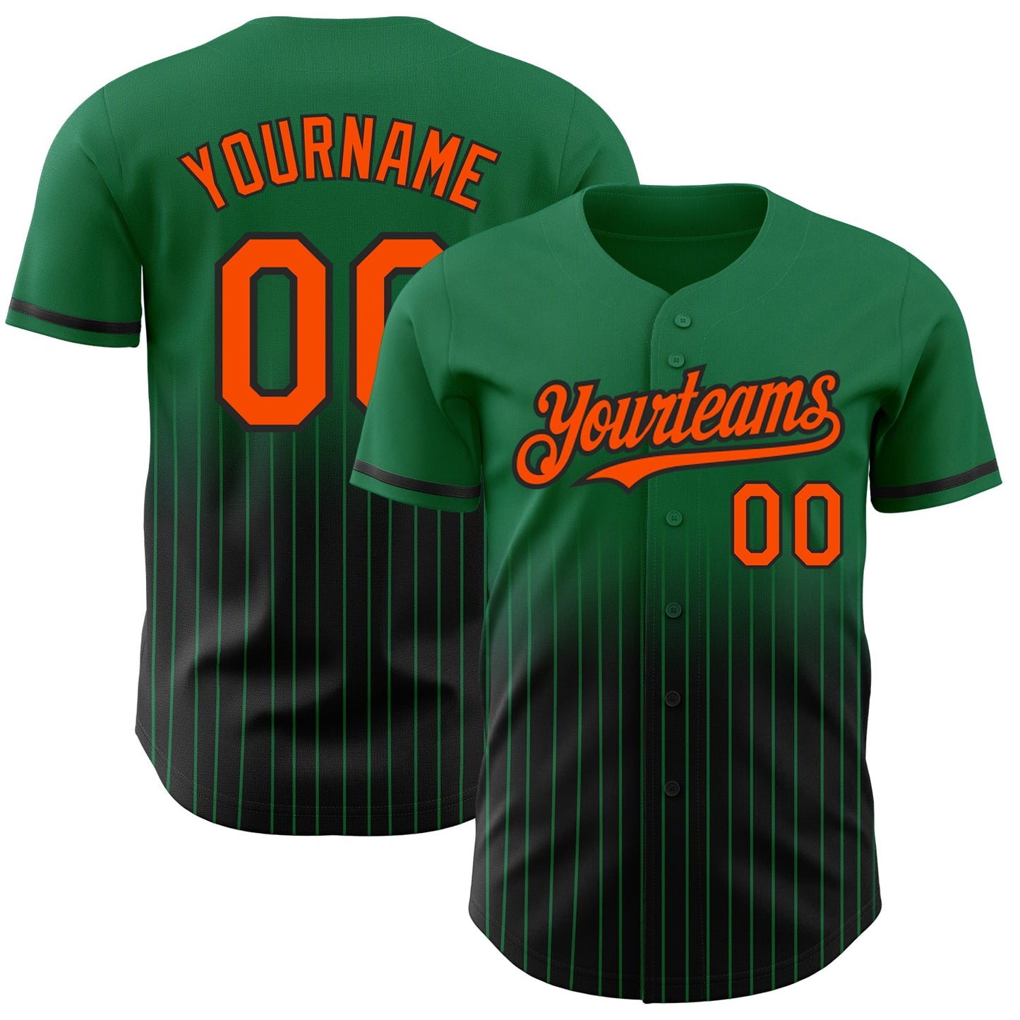 Custom Kelly Green Pinstripe Orange-Black Authentic Fade Fashion Baseball Jersey - Main View
