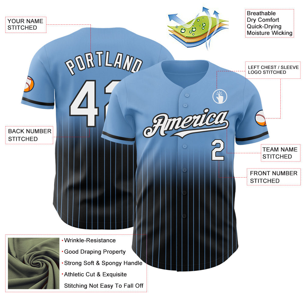 Custom Light Blue Pinstripe White-Black Authentic Fade Fashion Baseball Jersey view 4