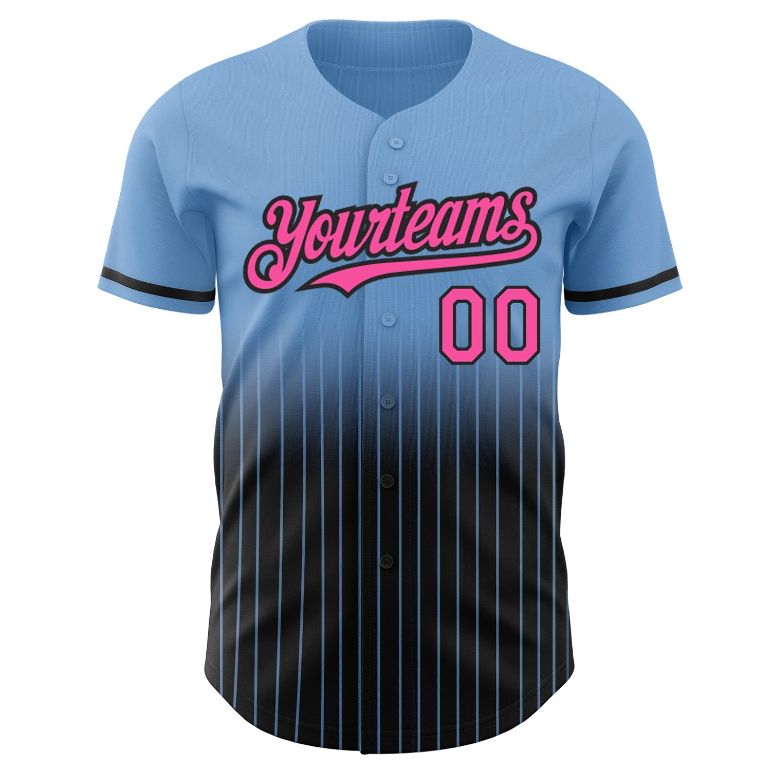 Custom Light Blue Pinstripe Pink-Black Authentic Fade Fashion Baseball Jersey view 3