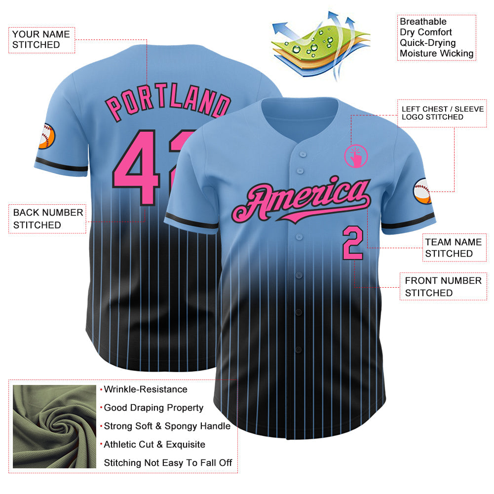 Custom Light Blue Pinstripe Pink-Black Authentic Fade Fashion Baseball Jersey view 4
