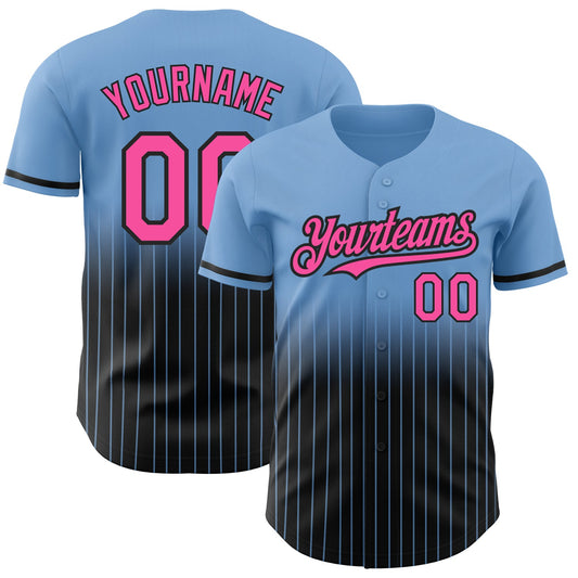 Custom Light Blue Pinstripe Pink-Black Authentic Fade Fashion Baseball Jersey - Main View