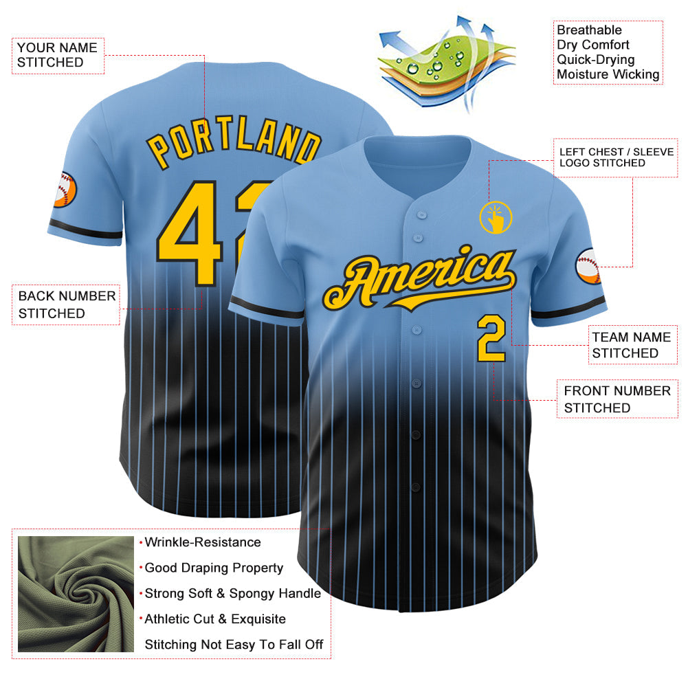 Custom Light Blue Pinstripe Yellow-Black Authentic Fade Fashion Baseball Jersey view 4