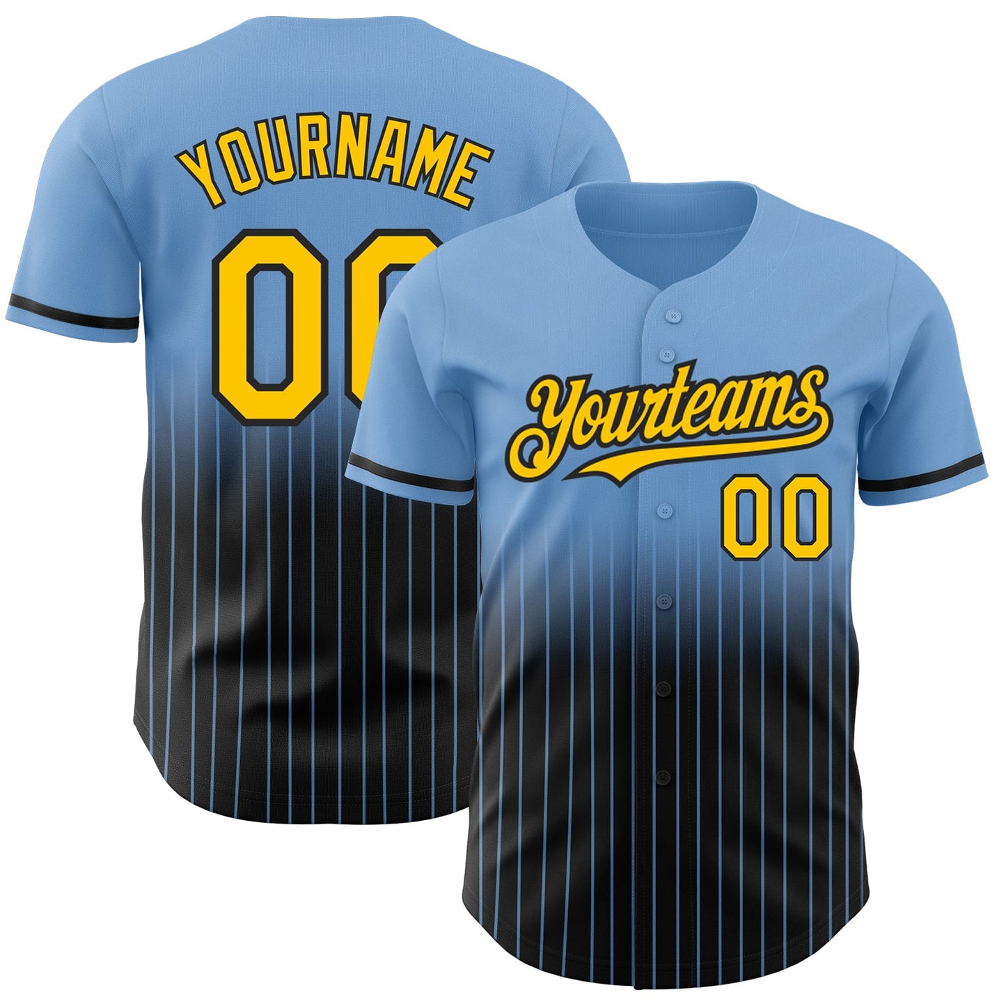 Custom Light Blue Pinstripe Yellow-Black Authentic Fade Fashion Baseball Jersey - Main View
