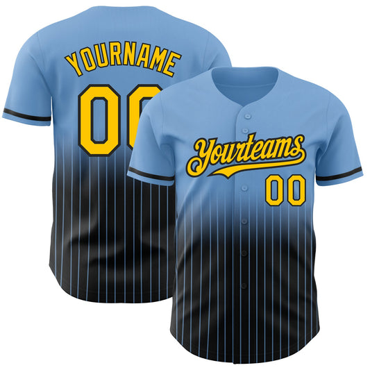 Custom Light Blue Pinstripe Yellow-Black Authentic Fade Fashion Baseball Jersey - Main View