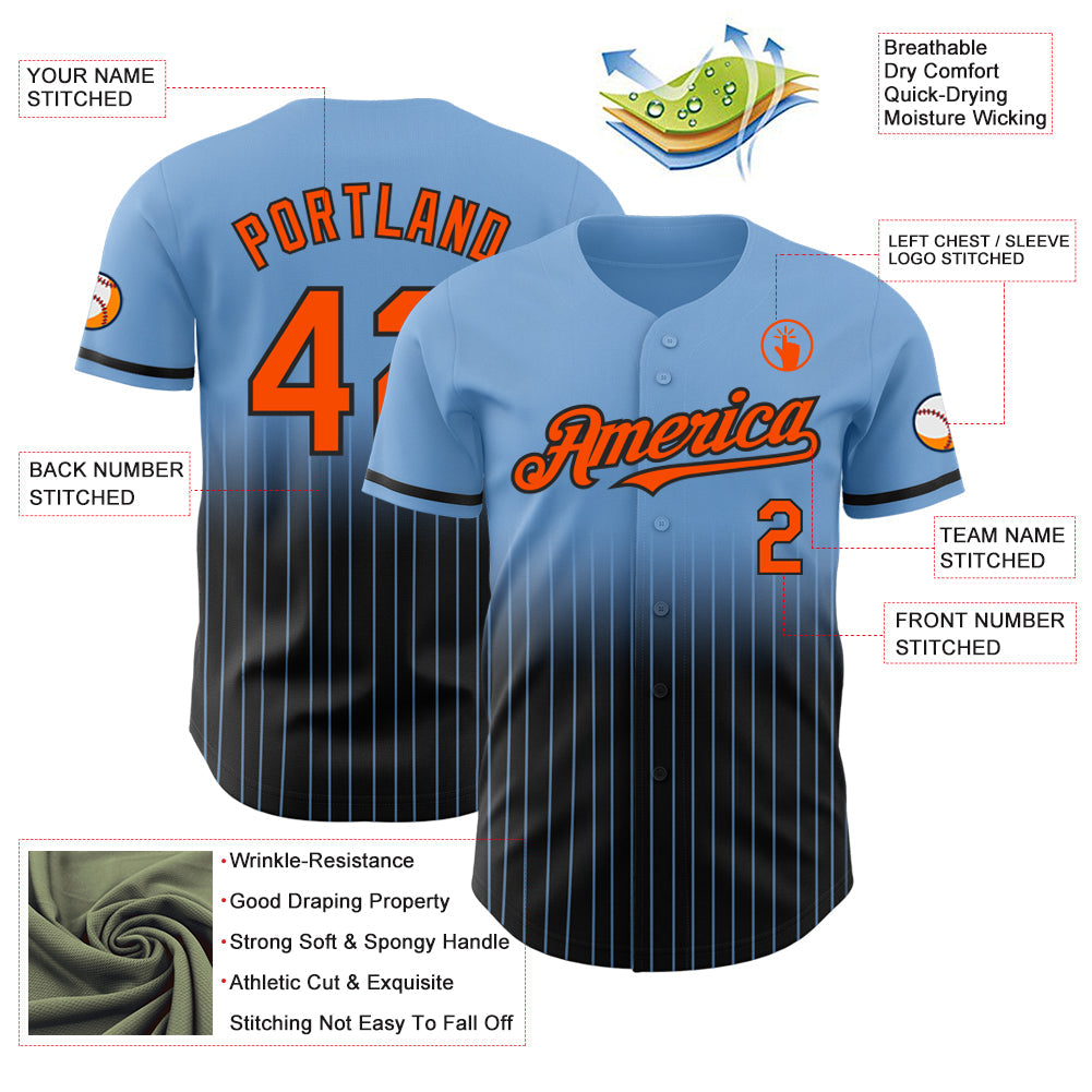 Custom Light Blue Pinstripe Orange-Black Authentic Fade Fashion Baseball Jersey view 4