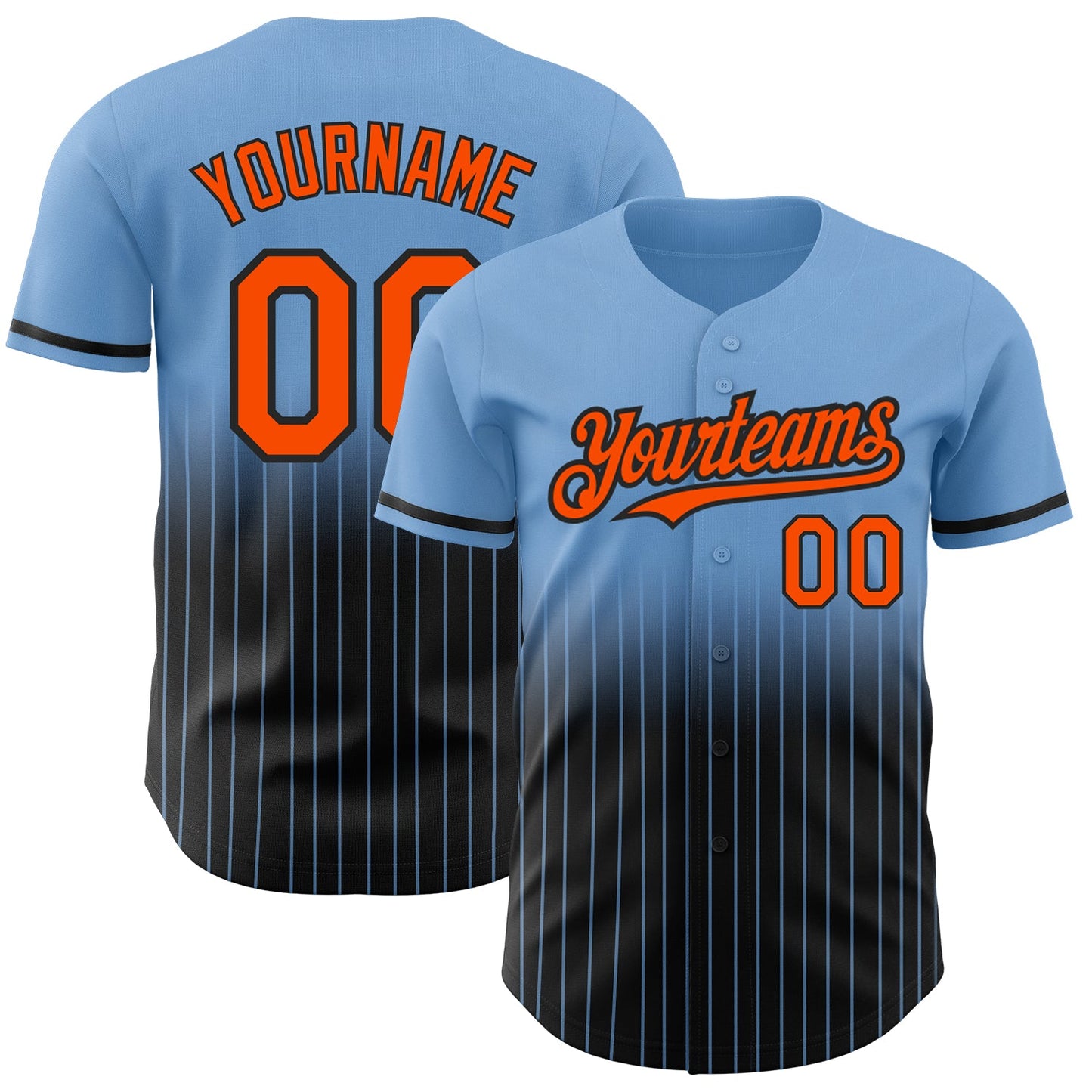 Custom Light Blue Pinstripe Orange-Black Authentic Fade Fashion Baseball Jersey - Main View