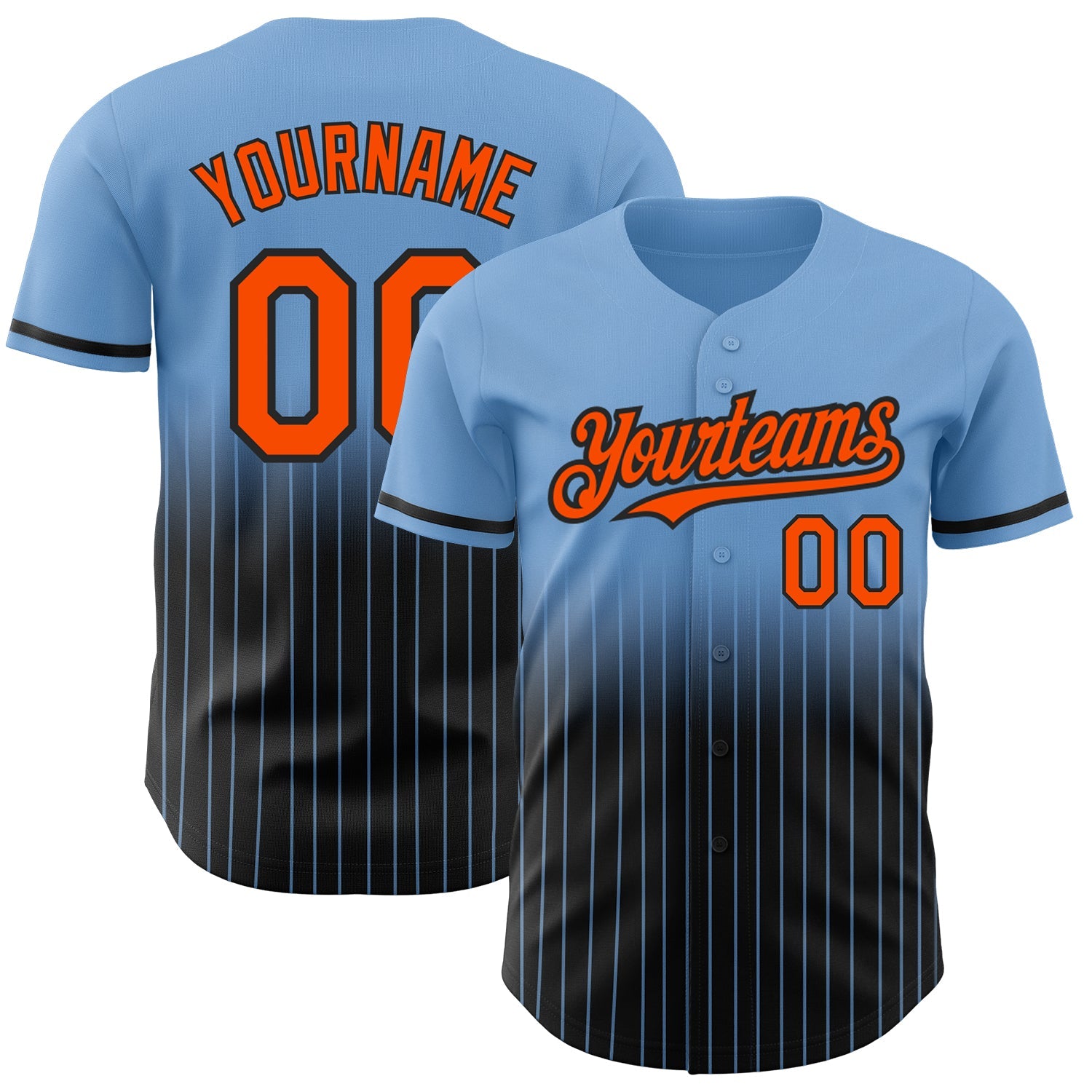 Custom Light Blue Pinstripe Orange-Black Authentic Fade Fashion Baseball Jersey - Main View