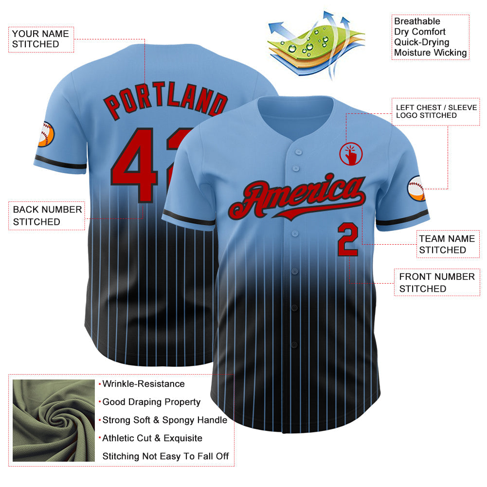 Custom Light Blue Pinstripe Red-Black Authentic Fade Fashion Baseball Jersey view 4