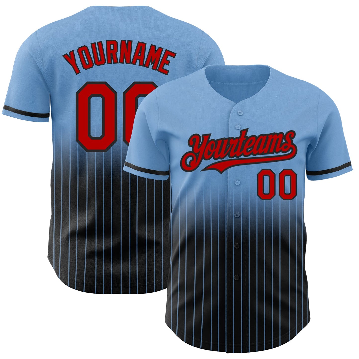 Custom Light Blue Pinstripe Red-Black Authentic Fade Fashion Baseball Jersey - Main View