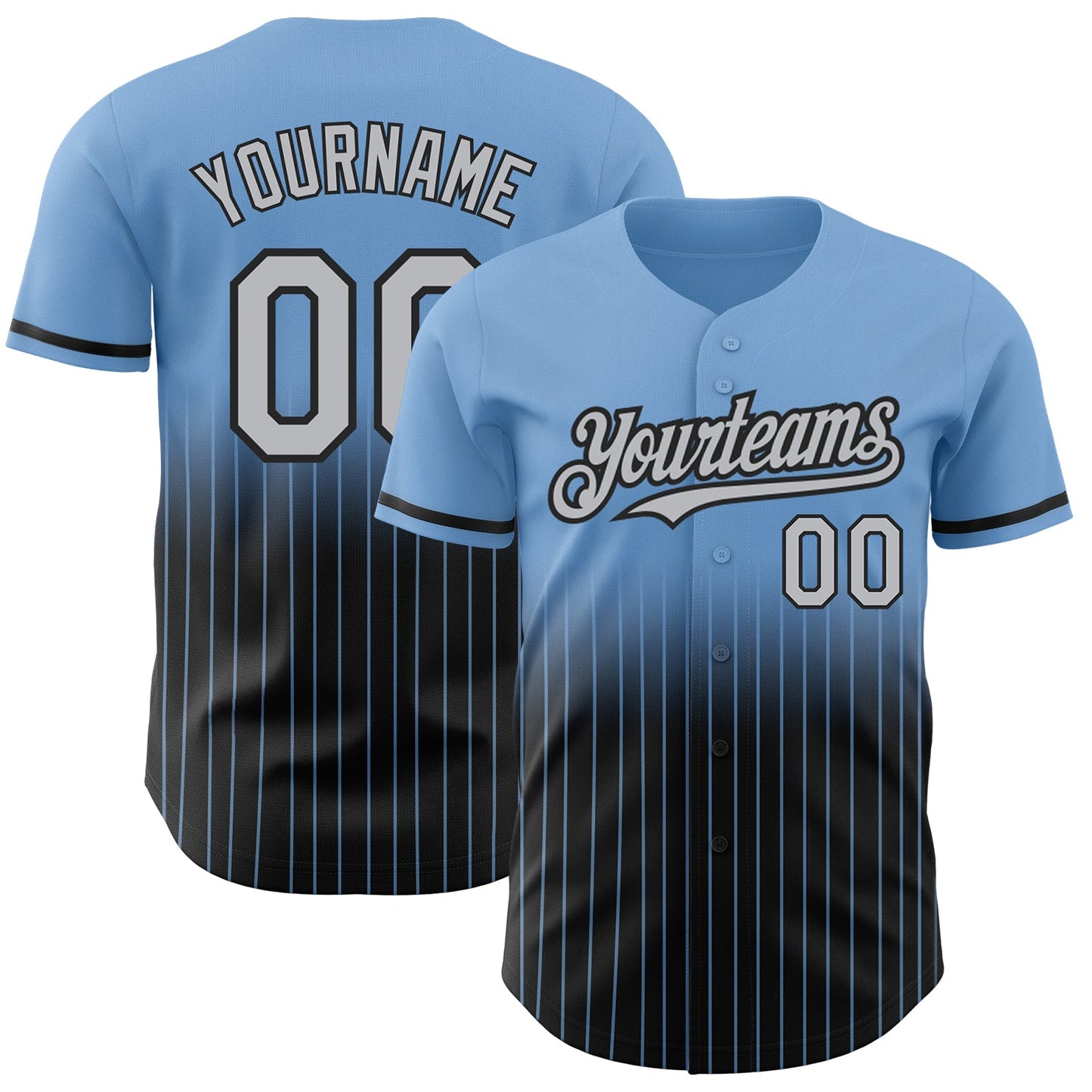 Custom Light Blue Pinstripe Gray-Black Authentic Fade Fashion Baseball Jersey - Main View