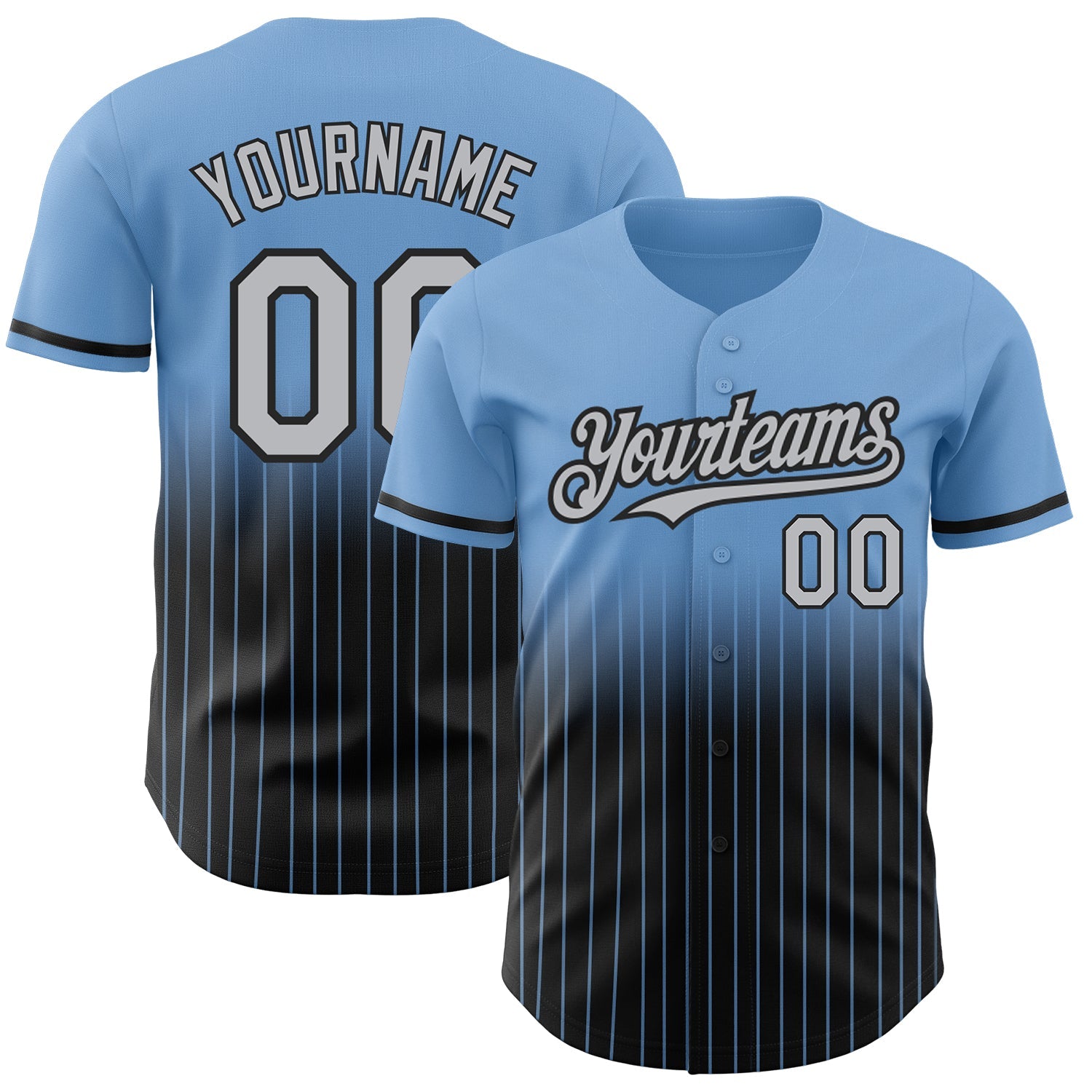 Custom Light Blue Pinstripe Gray-Black Authentic Fade Fashion Baseball Jersey - Main View