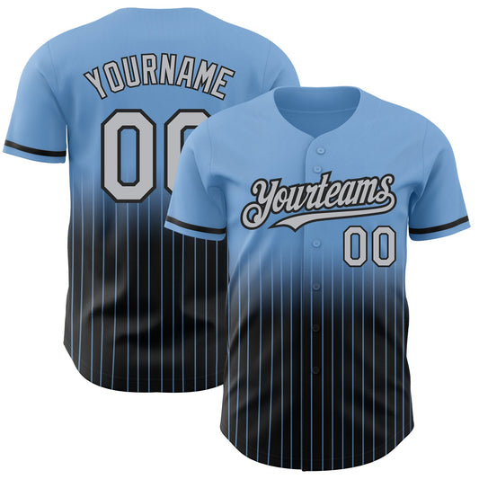 Custom Light Blue Pinstripe Gray-Black Authentic Fade Fashion Baseball Jersey - Main View