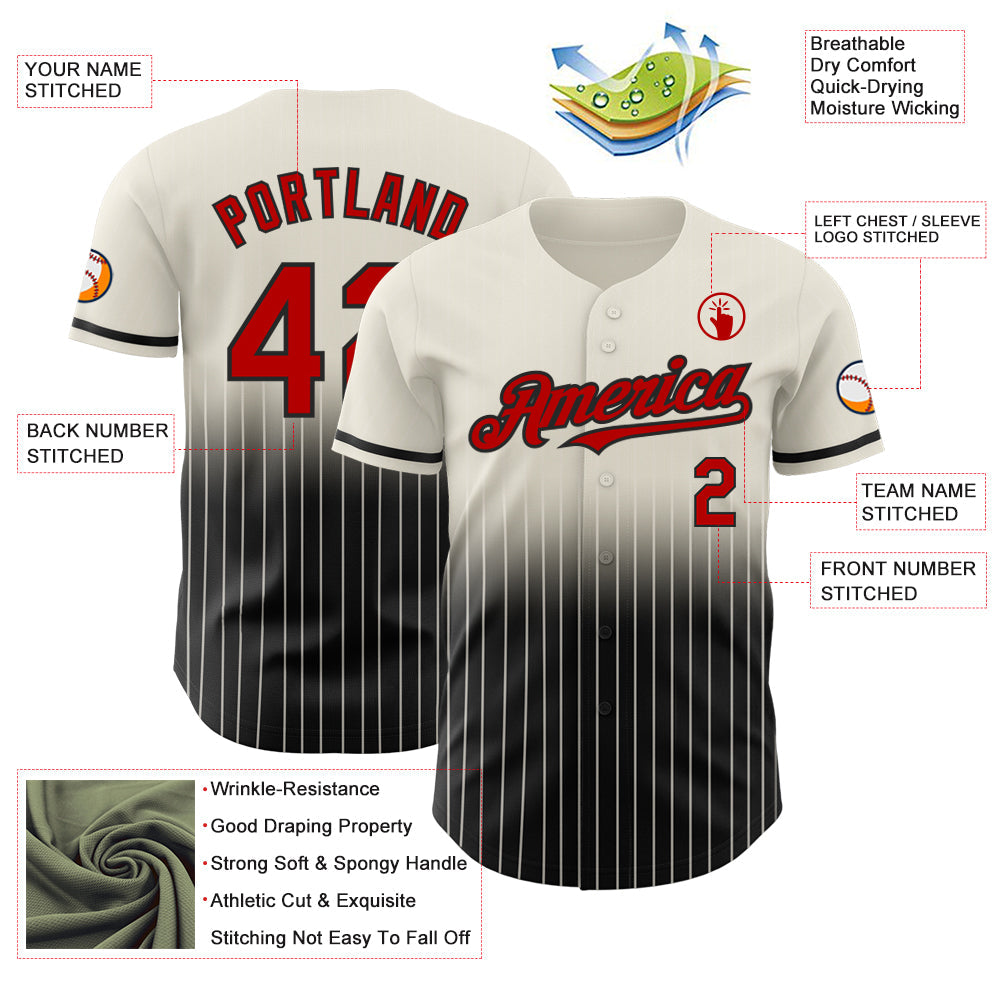 Custom Cream Pinstripe Red-Black Authentic Fade Fashion Baseball Jersey view 4