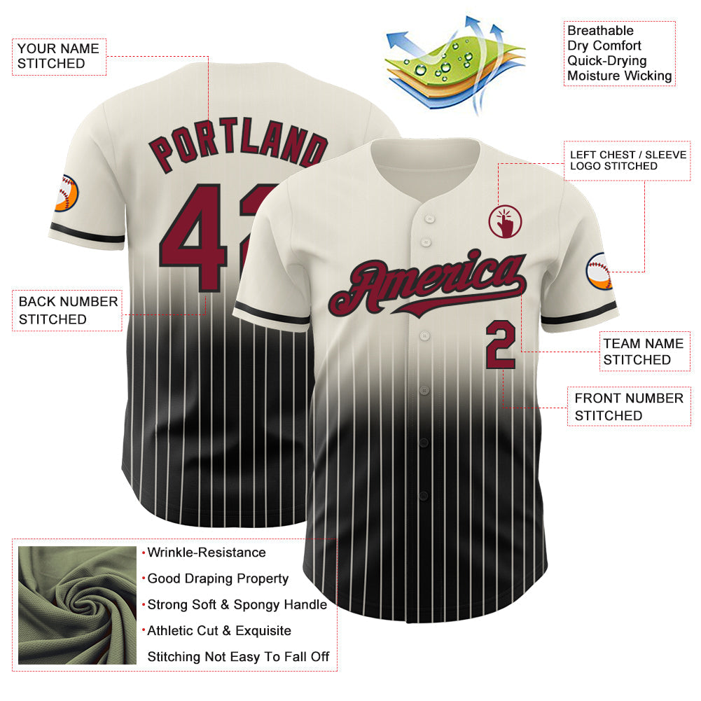 Custom Cream Pinstripe Crimson-Black Authentic Fade Fashion Baseball Jersey view 4