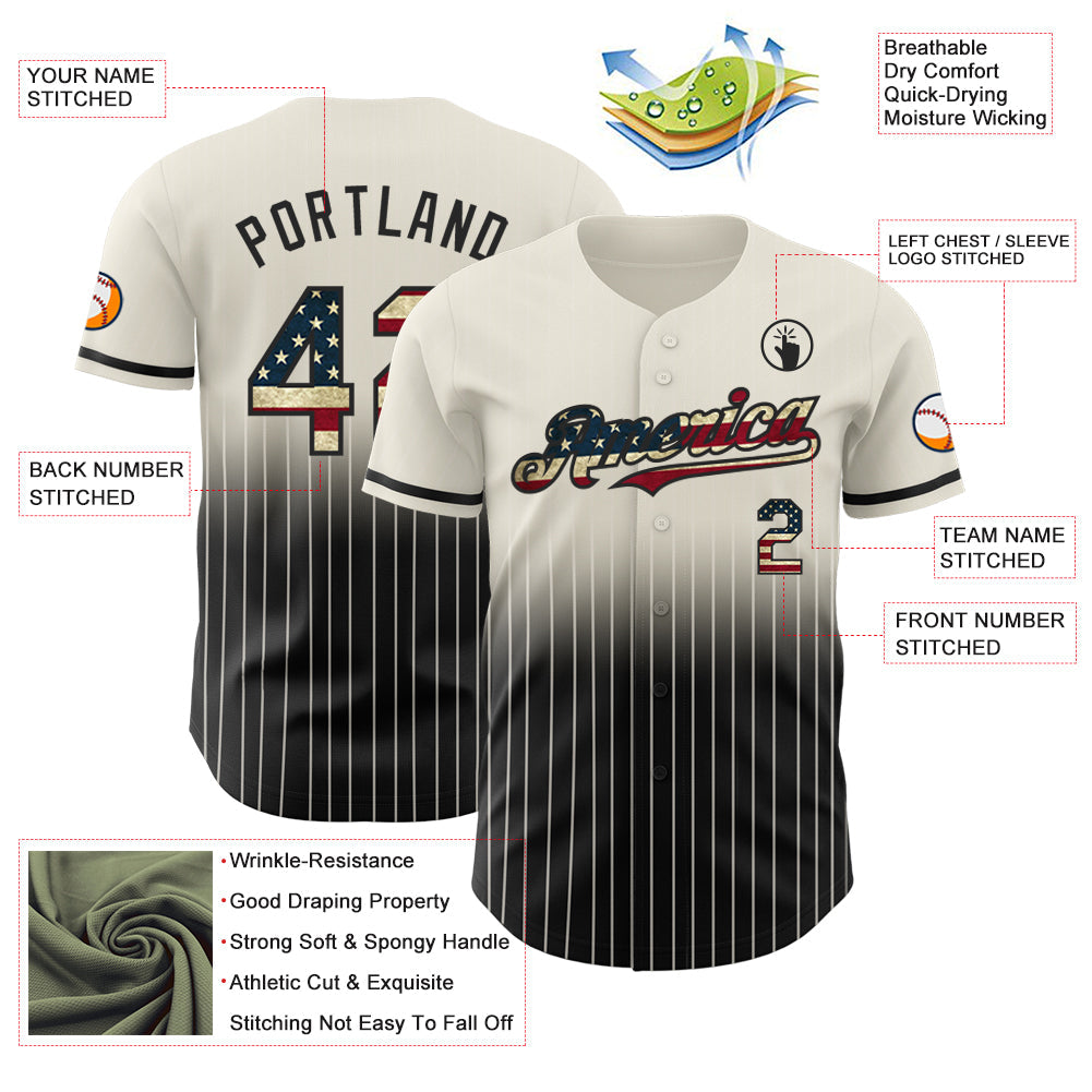 Custom Cream Pinstripe Vintage USA Flag-Black Authentic Fade Fashion Baseball Jersey view 4
