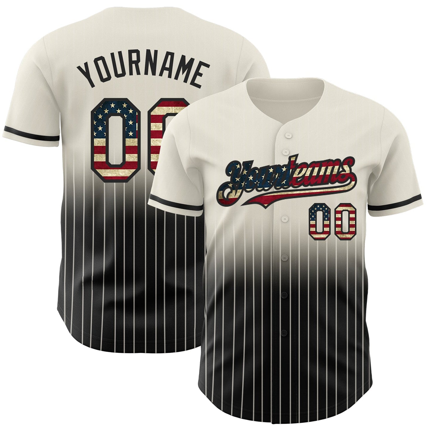 Custom Cream Pinstripe Vintage USA Flag-Black Authentic Fade Fashion Baseball Jersey - Main View