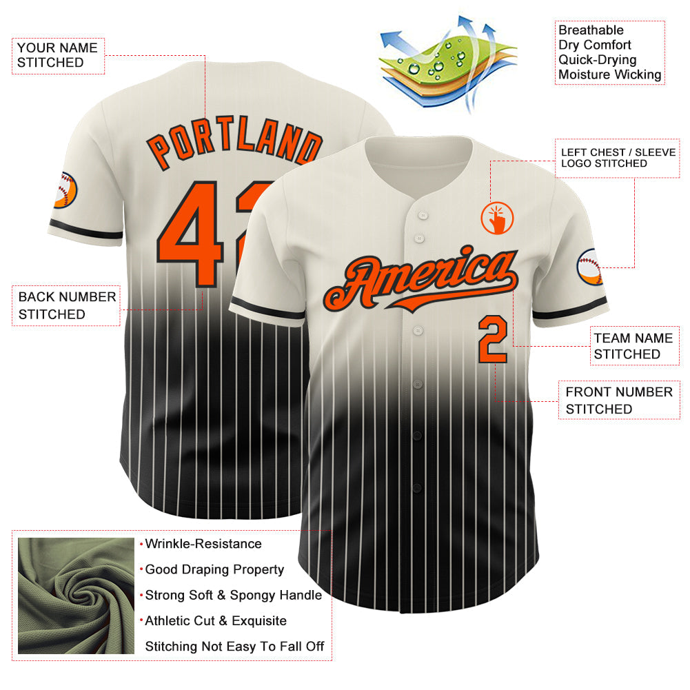 Custom Cream Pinstripe Orange-Black Authentic Fade Fashion Baseball Jersey view 4