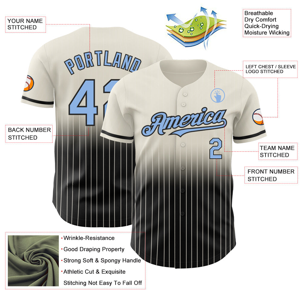Custom Cream Pinstripe Light Blue-Black Authentic Fade Fashion Baseball Jersey view 4