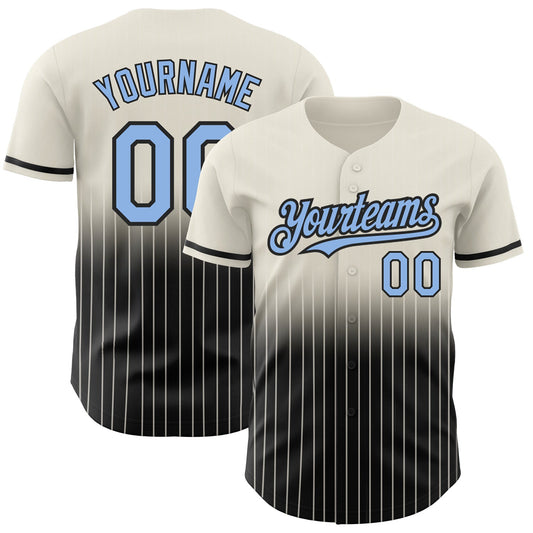 Custom Cream Pinstripe Light Blue-Black Authentic Fade Fashion Baseball Jersey - Main View