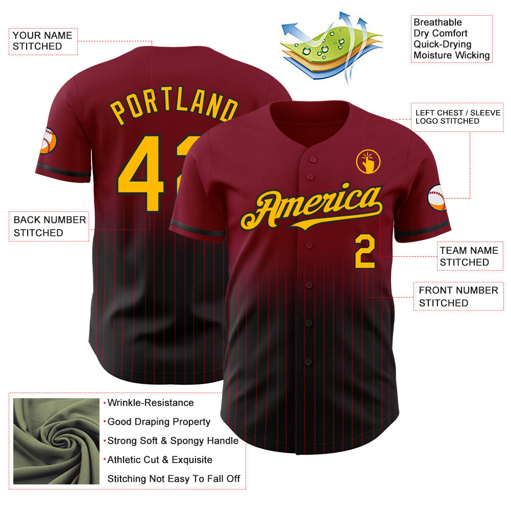 Custom Crimson Pinstripe Gold-Black Authentic Fade Fashion Baseball Jersey view 4