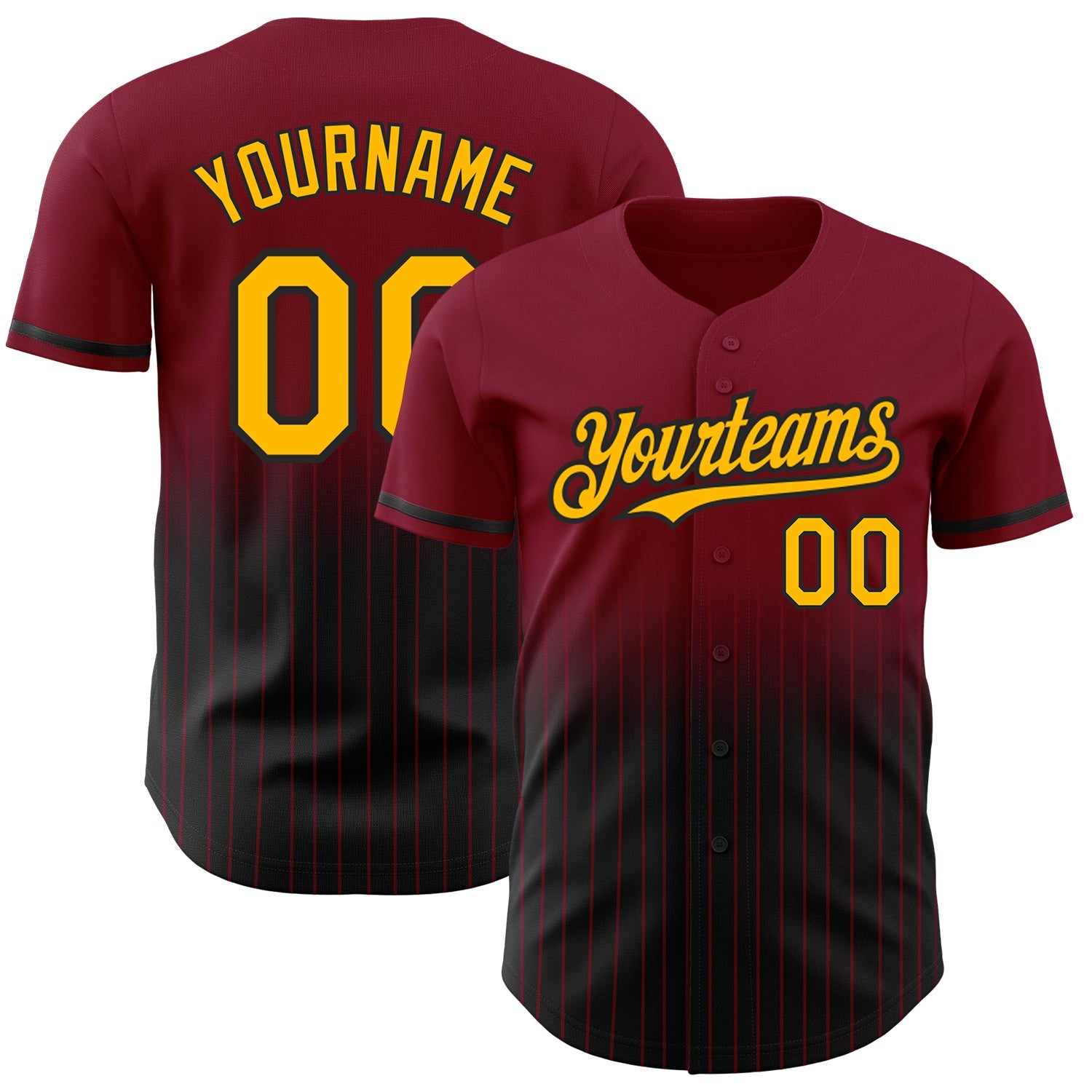 Custom Crimson Pinstripe Gold-Black Authentic Fade Fashion Baseball Jersey - Main View
