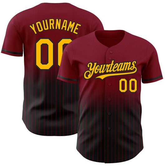 Custom Crimson Pinstripe Gold-Black Authentic Fade Fashion Baseball Jersey - Main View