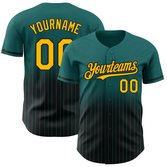 Custom Teal Pinstripe Gold-Black Authentic Fade Fashion Baseball Jersey - Main View