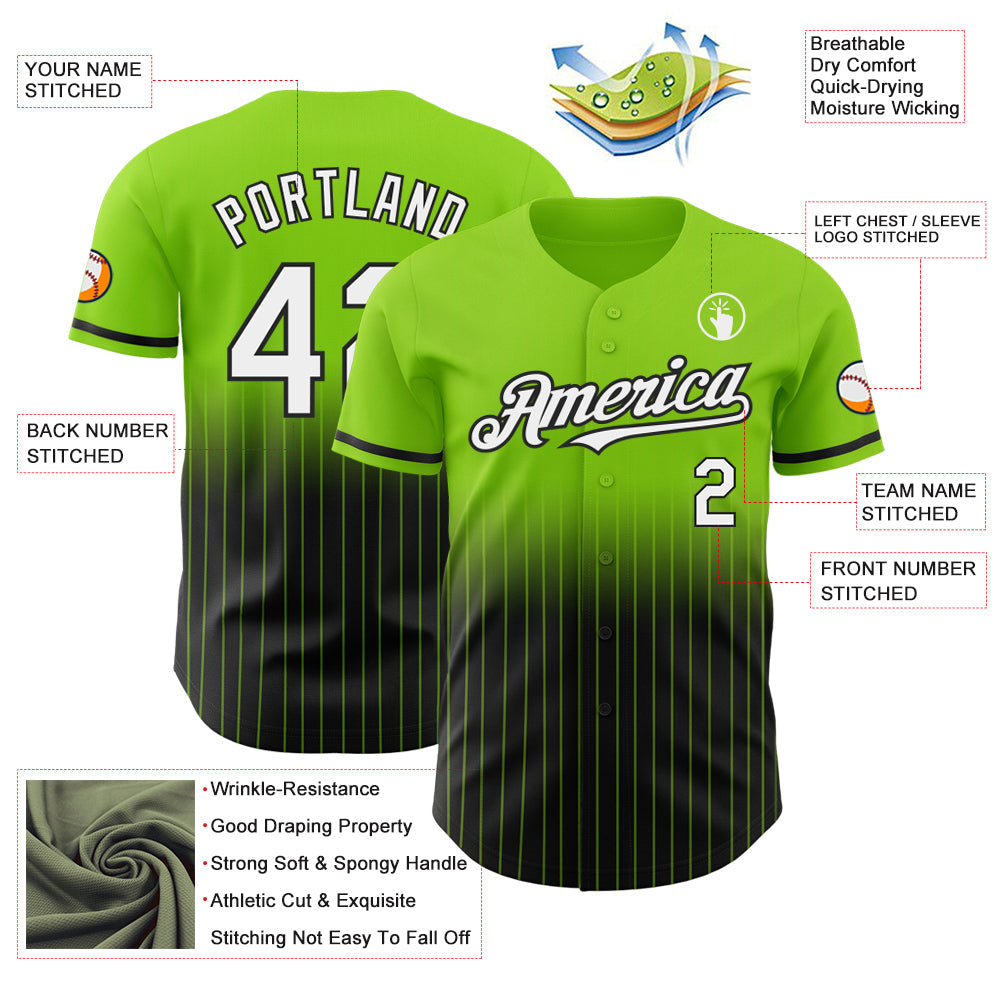 Custom Neon Green Pinstripe White-Black Authentic Fade Fashion Baseball Jersey view 4