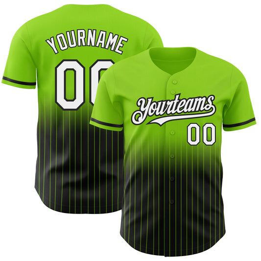 Custom Neon Green Pinstripe White-Black Authentic Fade Fashion Baseball Jersey - Main View