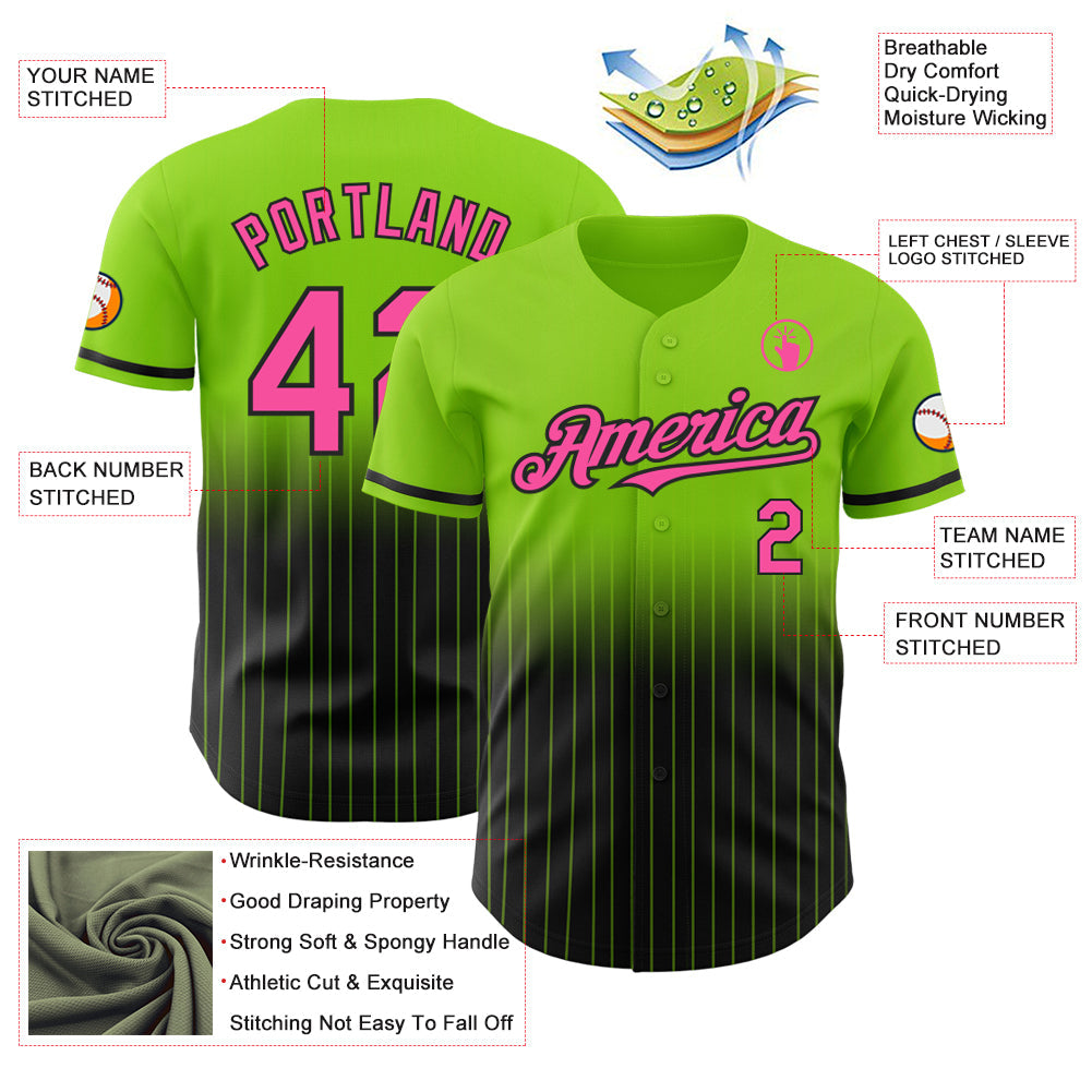 Custom Neon Green Pinstripe Pink-Black Authentic Fade Fashion Baseball Jersey view 4
