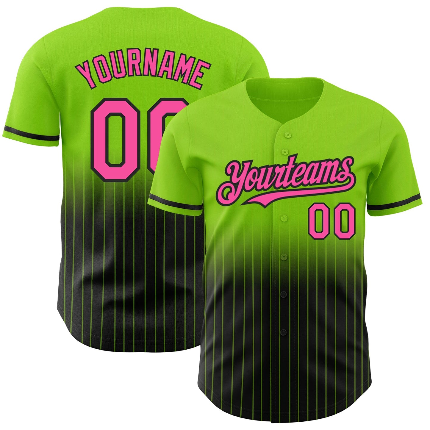 Custom Neon Green Pinstripe Pink-Black Authentic Fade Fashion Baseball Jersey - Main View