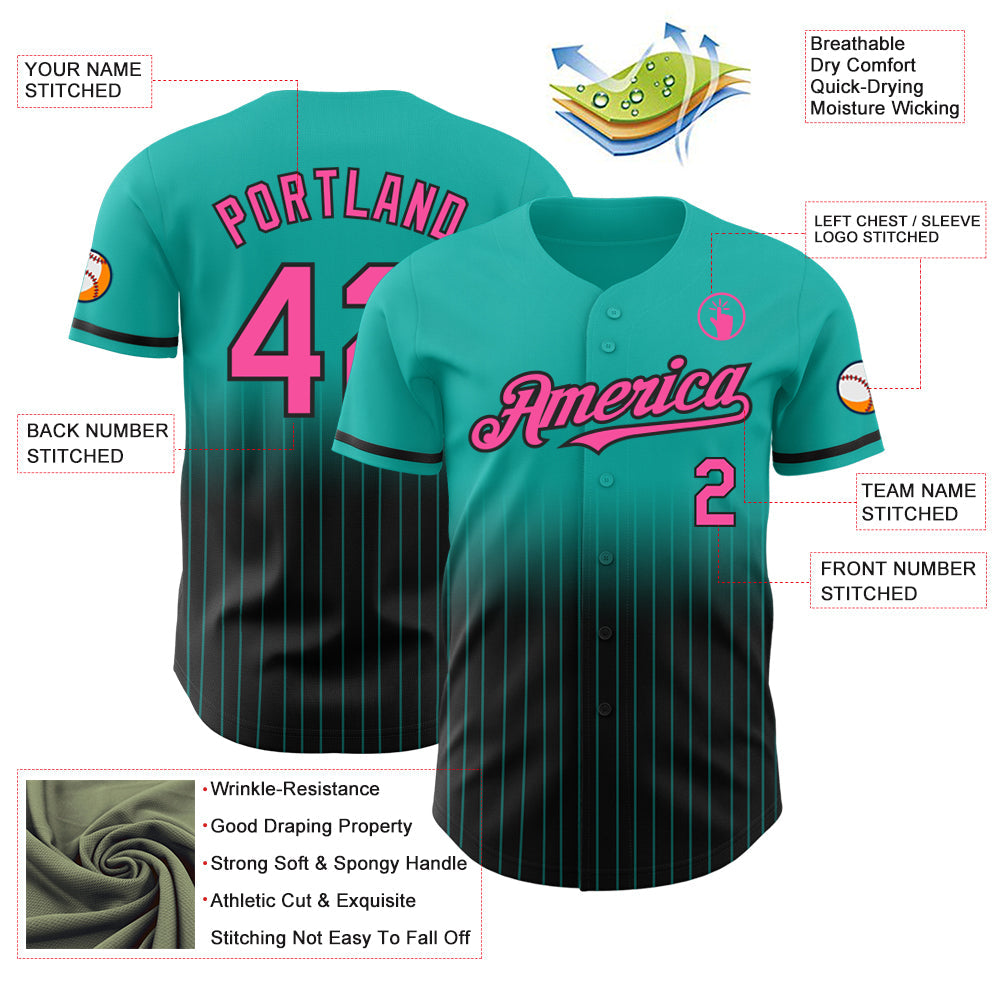 Custom Aqua Pinstripe Pink-Black Authentic Fade Fashion Baseball Jersey view 4